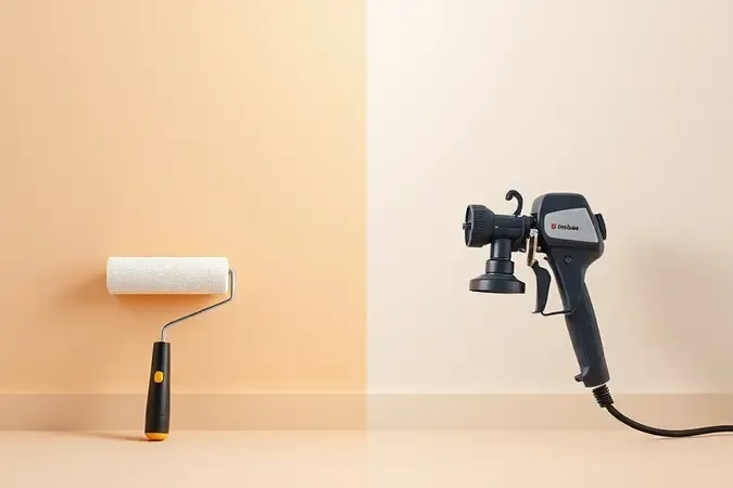 Comparação entre pintura com rolo e pistola elétrica mostrando diferença de acabamento em renderização 3D conceitual.
