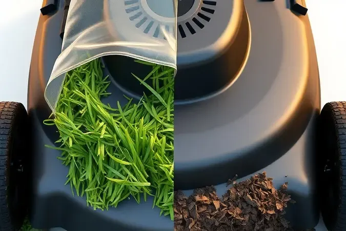 Render 3D conceitual mostrando comparação entre saco de recolhimento e sistema de mulching em cortador de grama
