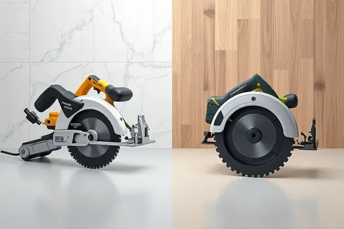 Comparação conceitual lado a lado entre serra mármore e serra circular em render 3D com fundo dividido.