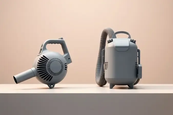 Comparação conceitual entre soprador de folhas portátil e tipo mochila em renderização 3D minimalista.
