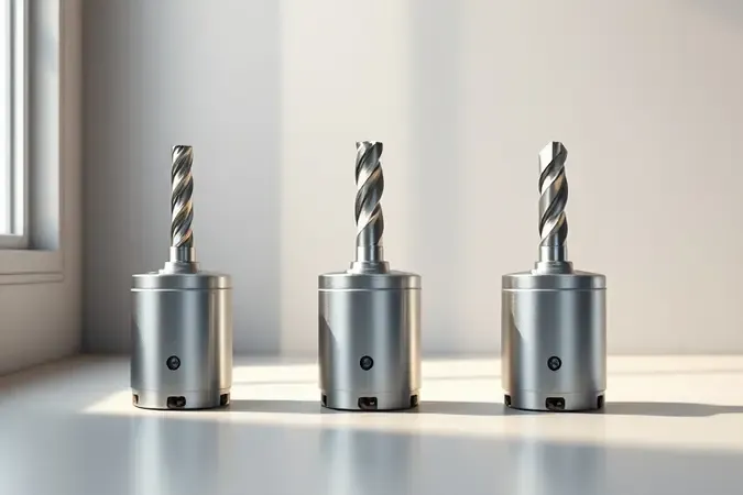 Renderização 3D conceitual de mandris de furadeira em três tamanhos diferentes alinhados sobre superfície minimalista.