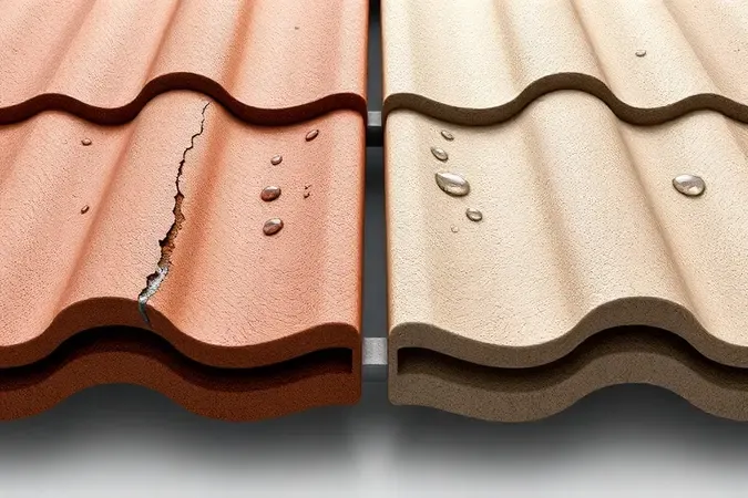 Comparação conceitual em 3D mostrando telha de fibrocimento com e sem impermeabilização contra absorção de água.