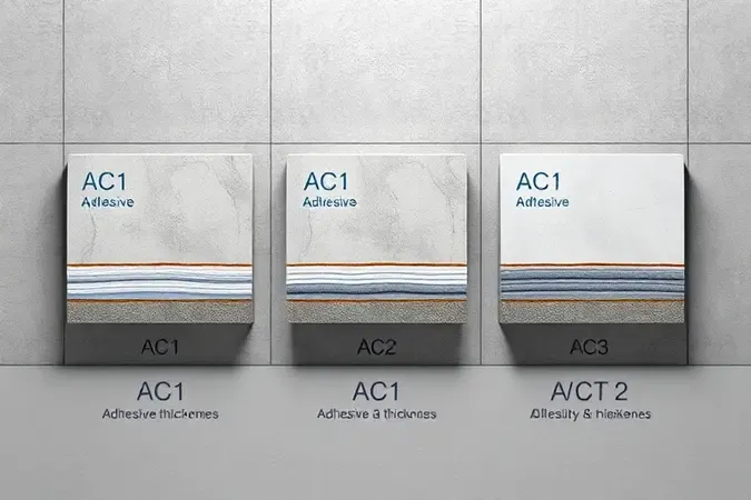 Comparação visual em 3D dos três tipos de argamassa colante AC1, AC2 e AC3 em corte transversal com porcelanato e iluminação de estúdio.
