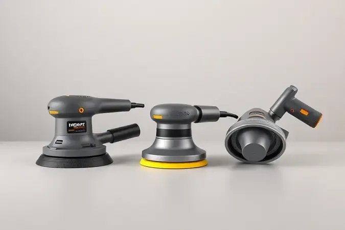 Comparação visual conceitual de três diferentes tipos de lixadeiras de parede em renderização 3D sobre fundo neutro.