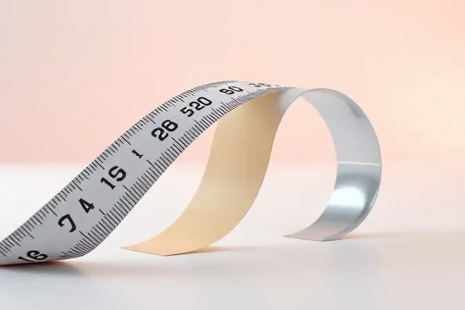 Comparação conceitual 3D entre fita de trena de aço metálico reflexivo e fita de fibra de vidro translúcida fosca lado a lado.