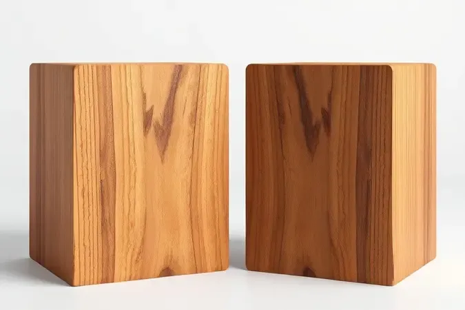 Comparação conceitual entre verniz com camada protetora superficial e stain penetrante na madeira em render 3D