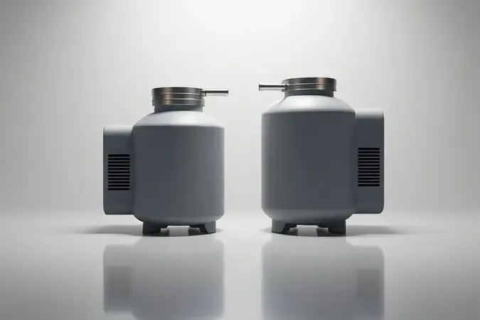Render 3D conceitual com duas formas abstratas de compressores lado a lado para representar comparação de modelos portáteis.
