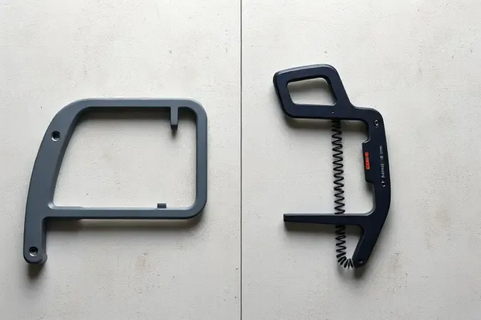 Comparação lado a lado entre arco de serra fixo e regulável em render 3D conceitual