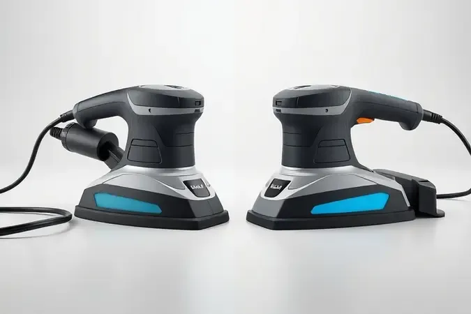Comparação conceitual entre lixadeira delta com fio e modelo sem fio a bateria, lado a lado em renderização 3D com iluminação profissional.