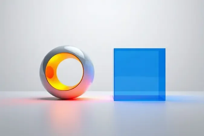 Render 3D conceitual comparando potência e capacidade com formas geométricas abstratas em contraste cromático