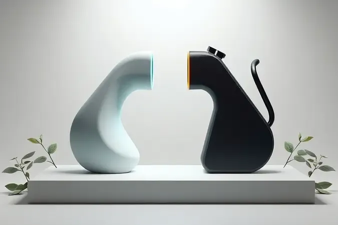 Renderização 3D conceitual comparando estética elétrica moderna e estética a combustão para roçadeiras.
