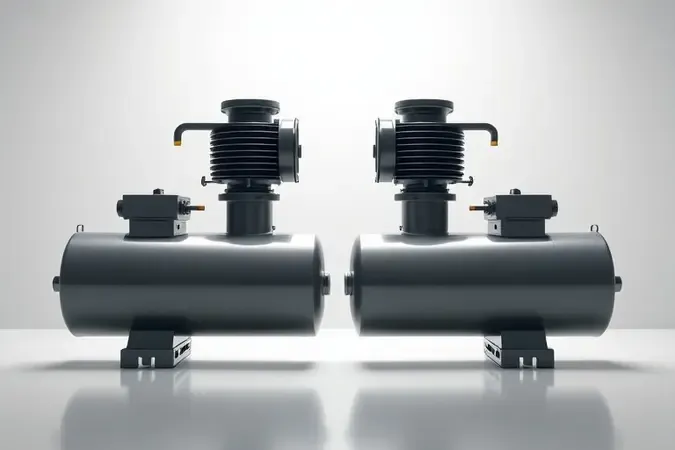 Render 3D conceitual de comparativo técnico entre compressores com indicadores visuais abstratos