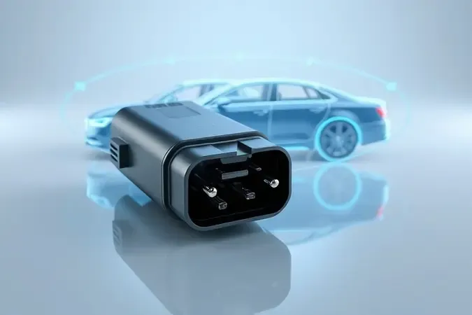 Conector OBD2 universal com silhuetas abstratas de veículos representando compatibilidade automotiva em render 3D.