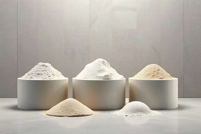 Composição conceitual 3D dos componentes da argamassa colante: cimento, areia e polímeros em estúdio minimalista com iluminação suave.