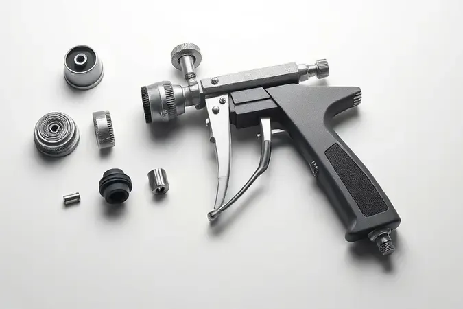 Componentes de pistola de pintura desmontados sobre superfície branca em renderização 3D profissional.