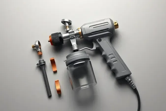Componentes de pistola de pintura elétrica em vista explodida destacando engenharia de precisão e design ergonômico