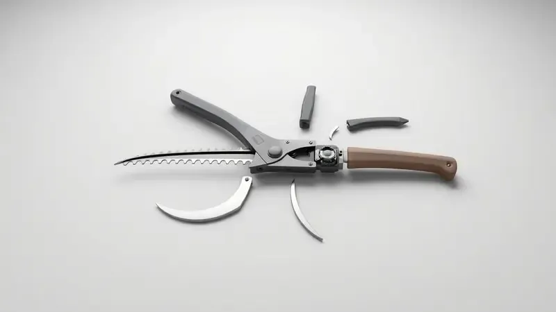 Vista explodida em 3D de um podador de galhos mostrando cabos ergonômicos, mecanismo pivotante e lâminas de corte bypass em superfície neutra.