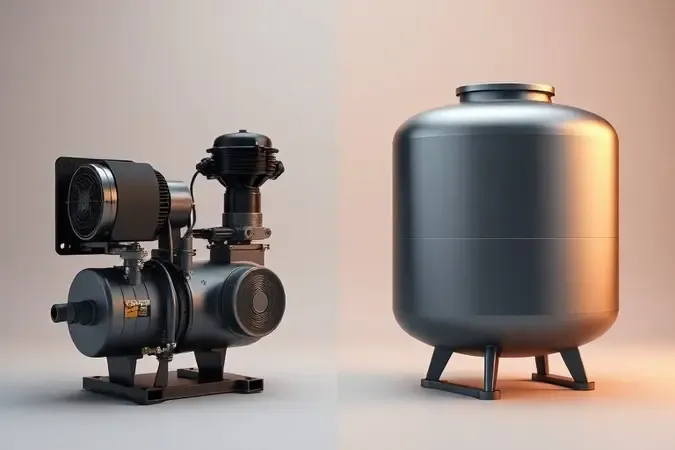 Render 3D comparando compressor de ar direto e compressor com reservatório, destacando as diferenças visuais entre os dois sistemas.