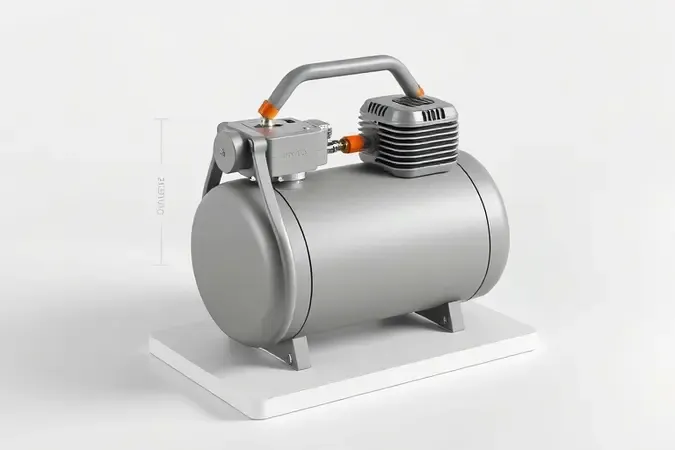 Renderização 3D de compressor de ar com estrutura compacta e design leve, destacando portabilidade e materiais modernos.