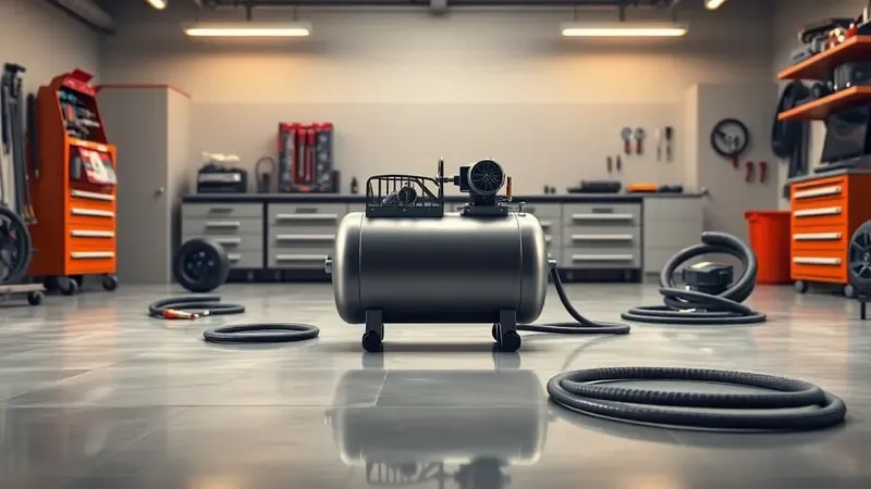 Render 3D de compressor de ar genérico em oficina moderna com ferramentas pneumáticas organizadas e iluminação profissional.