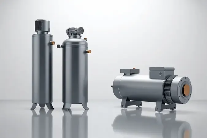 Comparação conceitual 3D entre compressor de ar vertical e horizontal lado a lado, destacando diferenças de formato e design.