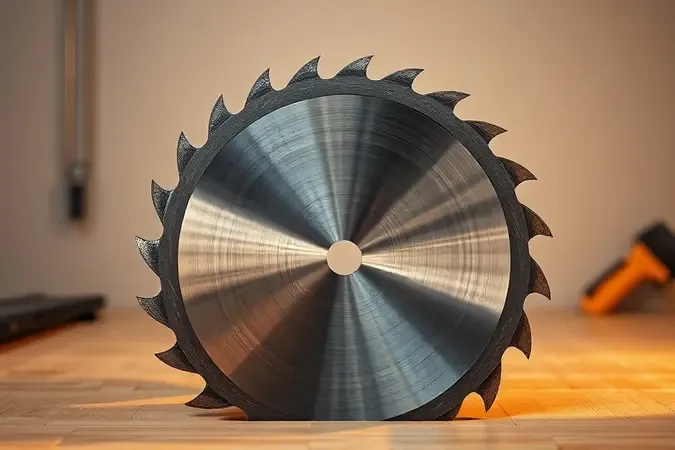 Renderização 3D conceitual de lâmina de serra circular limpa e moderna sobre bancada minimalista com iluminação profissional.