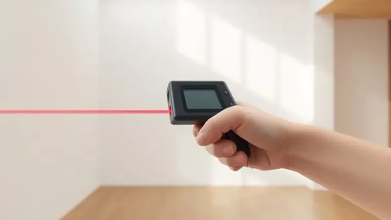 Conceito de trena a laser emitindo feixe de luz para medição de distância em ambiente interno moderno.