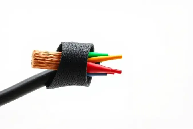 Renderização 3D de conexão elétrica envolvida por fita isolante preta com corte transversal revelando camadas internas.