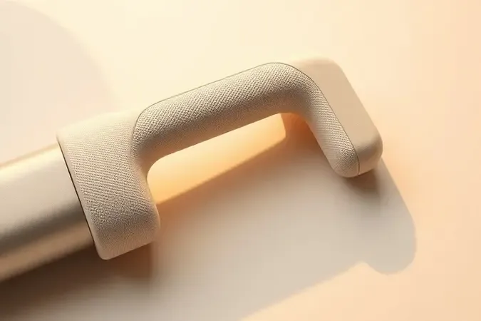 Render 3D conceitual de empunhadura ergonômica com design anatômico e texturas suaves ao toque para conforto