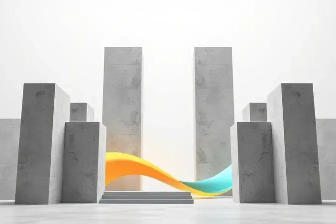 Renderização 3D de estruturas geométricas de concreto com fitas abstratas coloridas simbolizando aditivos que melhoram o desempenho na construção