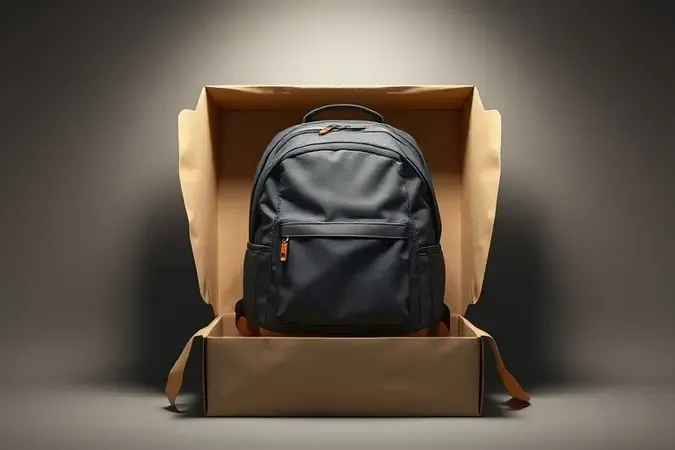 Render 3D conceitual de cena de unboxing mostrando mochila para ferramentas emergindo de embalagem kraft minimalista com iluminação suave.