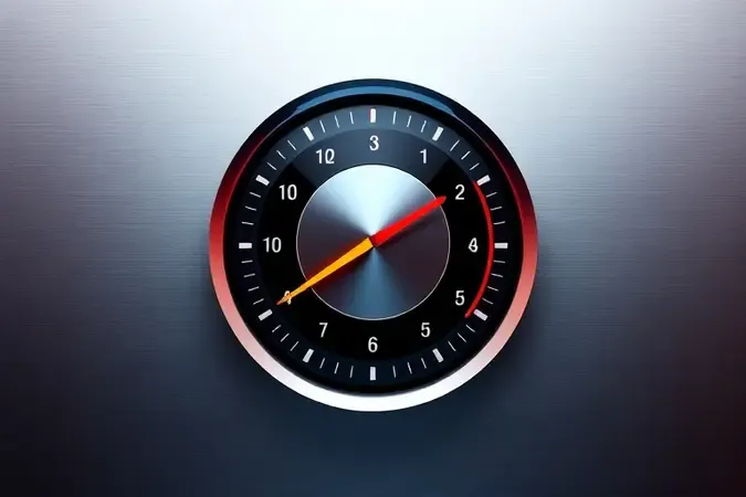 Render 3D conceitual de um dial de controle de velocidade com trilhas de movimento abstratas simbolizando potência e precisão.