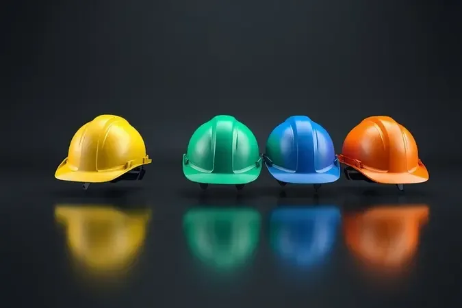 Render 3D de cinco capacetes de segurança coloridos enfileirados representando a codificação por cores no ambiente de trabalho