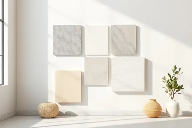 Amostras de cores e padrões de porcelanato em composição de design de interiores renderizada em 3D.