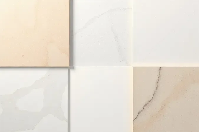 Paleta conceitual 3D de porcelanatos neutros para sala com amostras em bege, cinza, off-white e greige