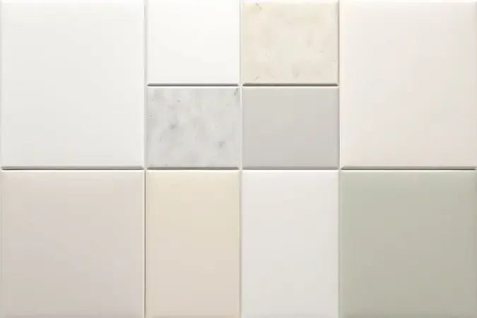 Paleta de cores de tinta epóxi para banheiro com tons neutros e acabamento acetinado brilhante organizados harmoniosamente.
