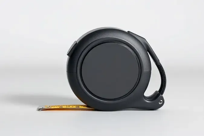 Corpo ergonômico de trena com acabamento emborrachado fosco e textura antiderrapante em render 3D conceitual.