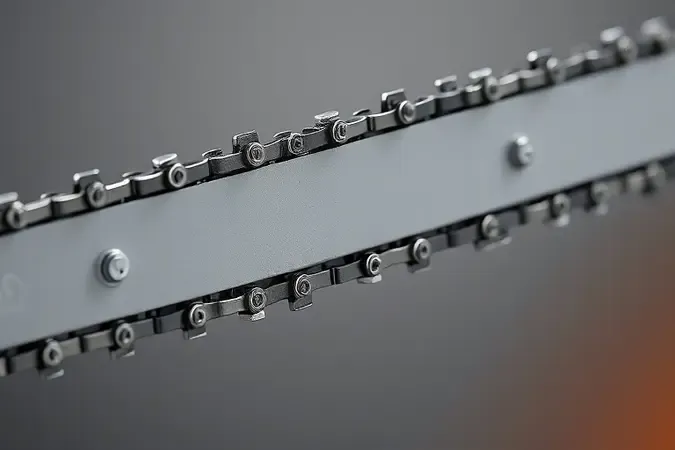 Close-up de corrente e sabre de motosserra em renderização 3D com detalhes metálicos realistas e iluminação de estúdio