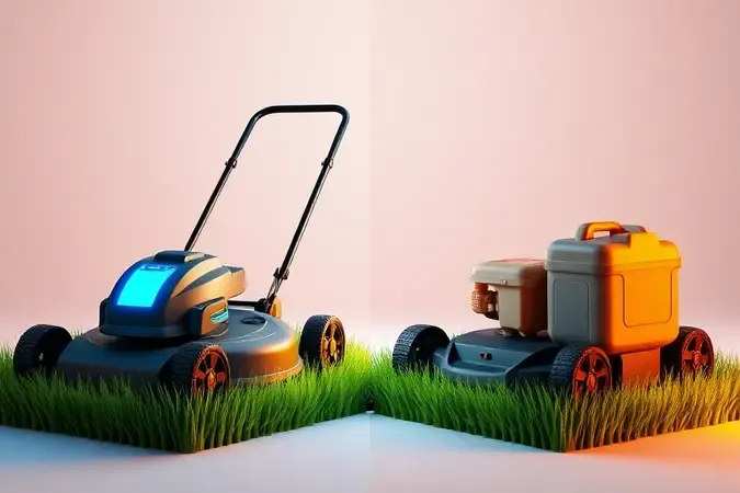 Render 3D conceitual comparando silhuetas de cortadores elétrico e a gasolina com tons azuis e âmbar em composição equilibrada de estúdio.