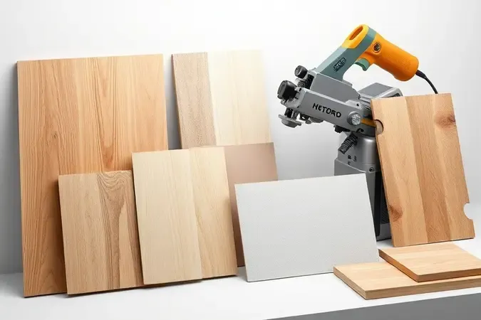 Renderização 3D conceitual de diferentes materiais como madeira e MDF ao lado de serra de esquadria genérica em bancada