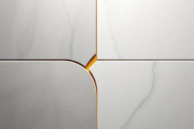 Render 3D conceitual de borda de porcelanato recém-cortado com linha de fratura limpa e mínimo desperdício de material.