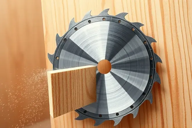 Renderização 3D conceitual de corte preciso com serra circular destacando potência, rotação e precisão da lâmina.