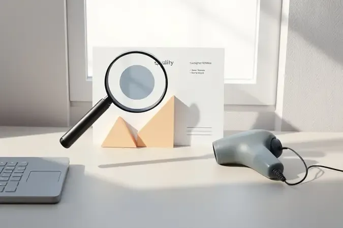 Cena conceitual 3D com lupa sobre formas geométricas abstratas representando critérios de avaliação e seleção de qualidade para aspiradores automotivos.