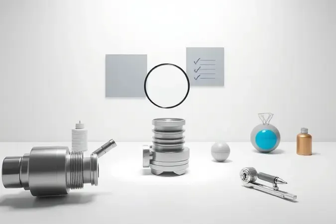 Render 3D conceitual de avaliação de compressor com elementos geométricos e lupa sobre componentes metálicos
