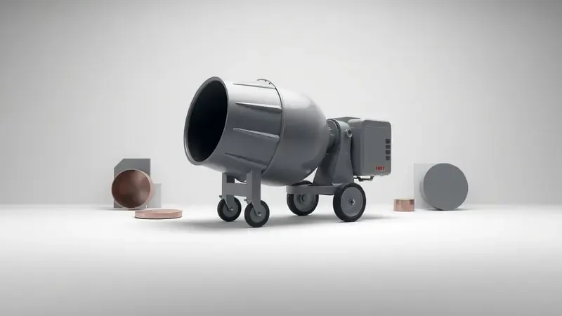 Tambor de betoneira conceitual com elementos geométricos abstratos representando critérios de escolha em renderização 3D