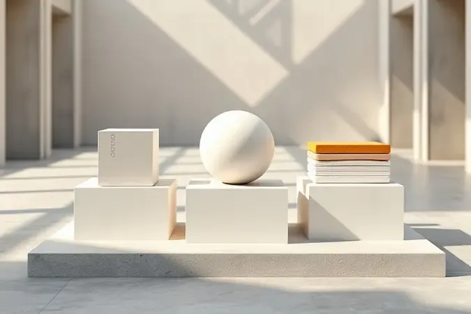 Render 3D conceitual com formas geométricas representando critérios de escolha de impermeabilizante como durabilidade, flexibilidade e aderência.