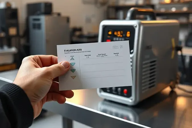 Renderização 3D conceitual de mão segurando cartão de avaliação ao lado de máquina de solda MIG genérica em bancada de oficina moderna.
