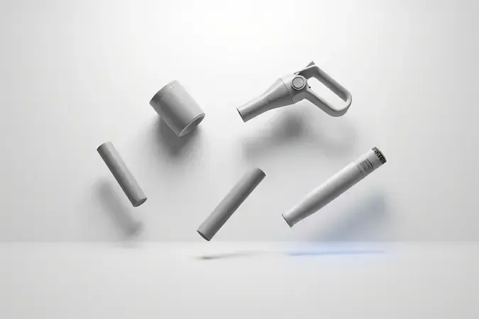Elementos de design de soprador de folhas a bateria dispostos conceitualmente para avaliação de critérios de compra em render 3D