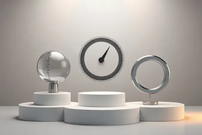 Render 3D conceitual com elementos abstratos representando critérios de escolha de torquímetro como precisão, material e tamanho.