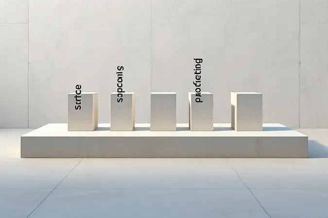 Render 3D conceitual com cinco pilares representando critérios objetivos para escolha de impermeabilizante para laje.